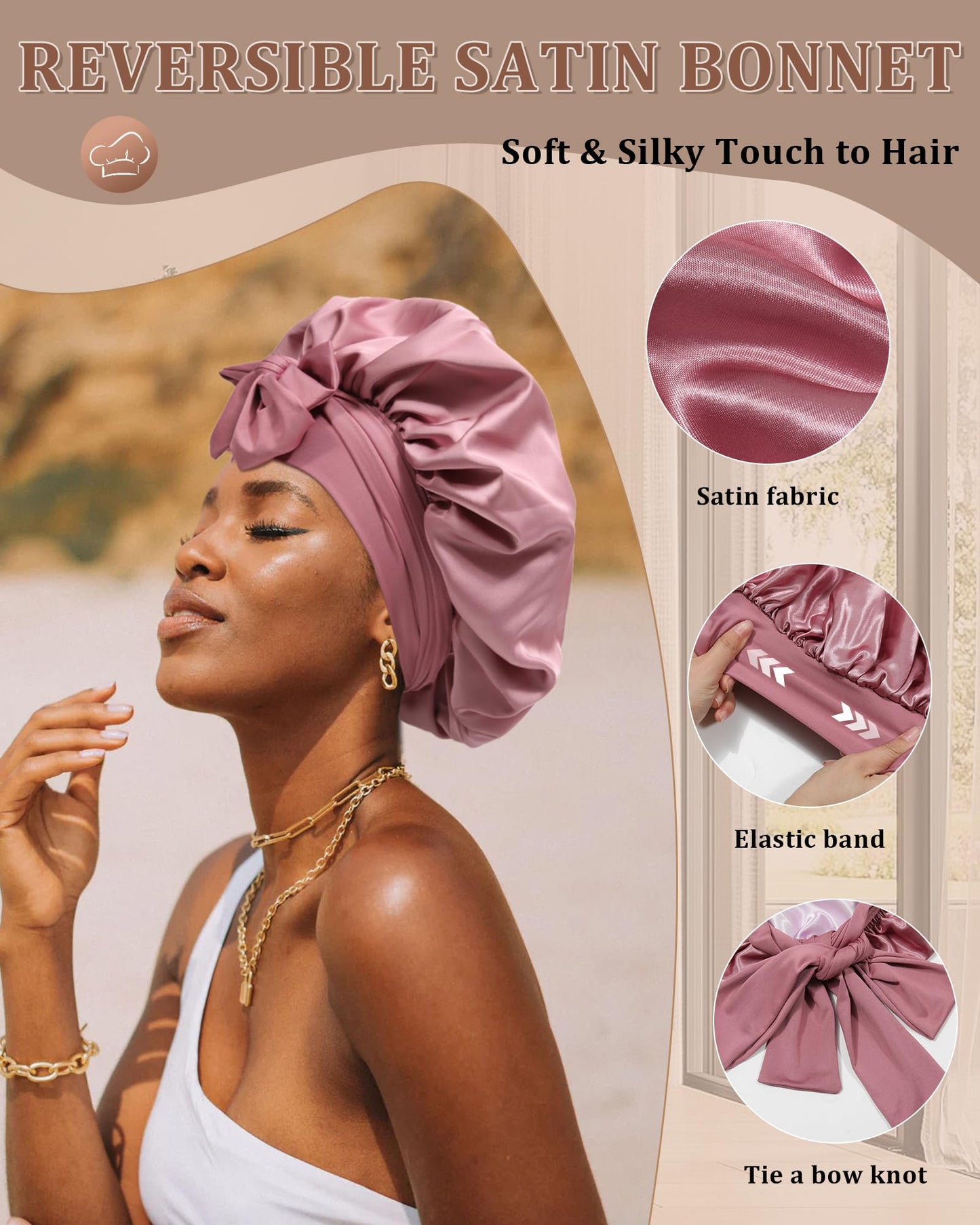 Reversible Satin Bonnet for Sleeping Women - Double Layer Hair Wrap with 2PCS Scrunchies & Elastic Tie Band - Night Cap for Natural Curly Hair (Bean Paste + Pink)