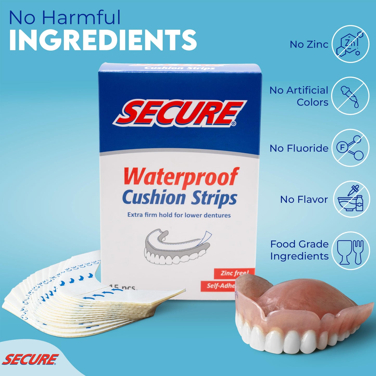 Secure Denture Adhesive Strips – Zinc Free – Waterproof – Comfortable Cushion Fit for Uppers & Lowers – Extra Firm All-Day-Hold – No Mess – Clean Ingredients – 15 Strips (1 Pack)