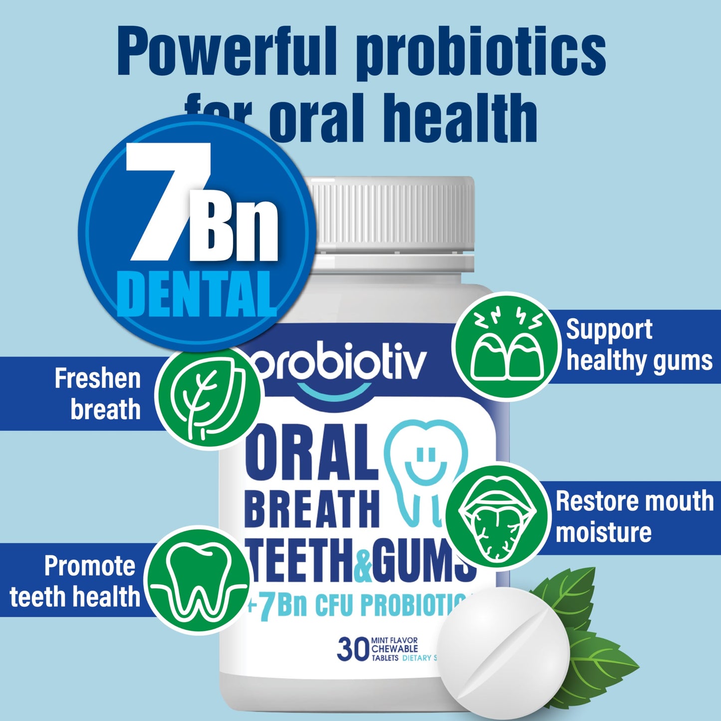 Probiotiv Oral Probiotics for Mouth Bad Breath 7 Billion CFU - Chewable Dental Probiotics for Teeth & Gums, Fresh Breath Freshener, Supports Oral Microbiome & Healthy Mouth