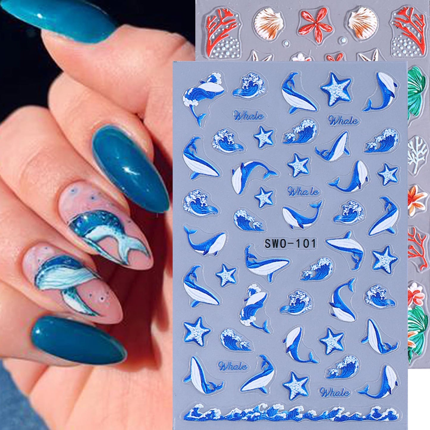2 Sheets Summer Ocean Nail Art Stickers Ocean Shells Starfish Marine Animal Nail Stickers 3D Self-Adhesive Nail Decals for Women DIY Holiday Manicure Decoration Supplies