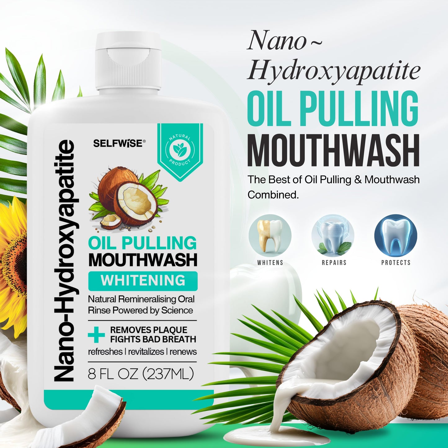 Nano-Hydroxyapatite Oil Pulling Whitening Mouthwash for Teeth and Gums, Natural & Organic, Whitens Teeth, Strengthens Enamel, Fights Bad Breath & Plaque – Smooth & Non-Greasy – for Adults & Kids 8oz