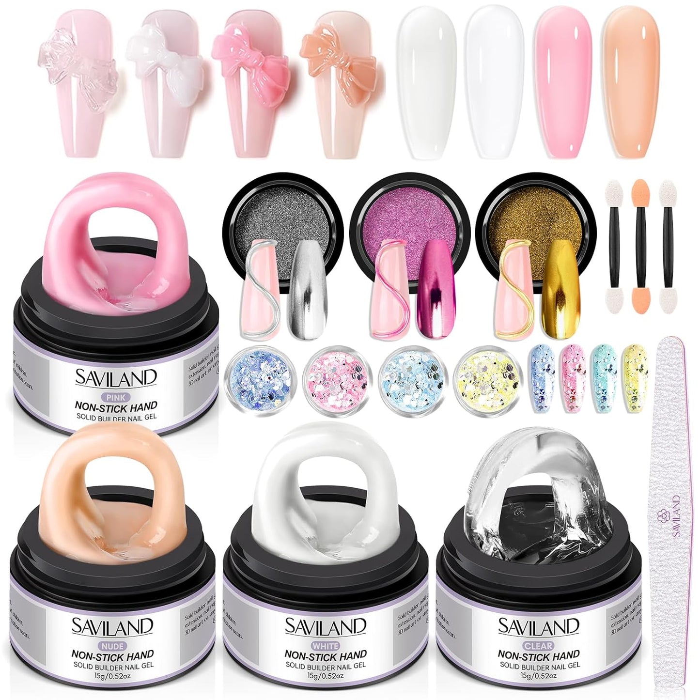 Builder Nail Gel Kit - 4 Colors (Clear, Nude, White, Pink) for Nail Extensions & 3D Sculpting - Long-Lasting Non-Sticky Hard Gel with Chrome Powder