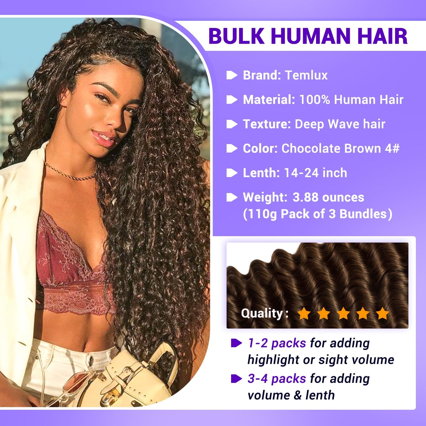 Human Braiding Hair for Boho Braids 110g 20 Inch Color 4 Deep Wave Boho Bulk Human Hair for Braiding Knotless 12A Wet and Wavy Bohemian 3 No Weft Bundles/Pack Curly Braids Brown