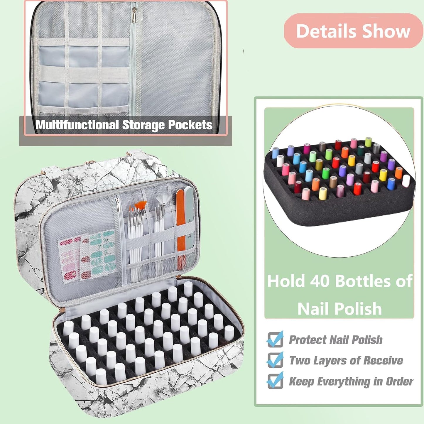 Nail Polish Organizer Bag with Travel Case for 30+ Bottles & Nail Lamp - Purple