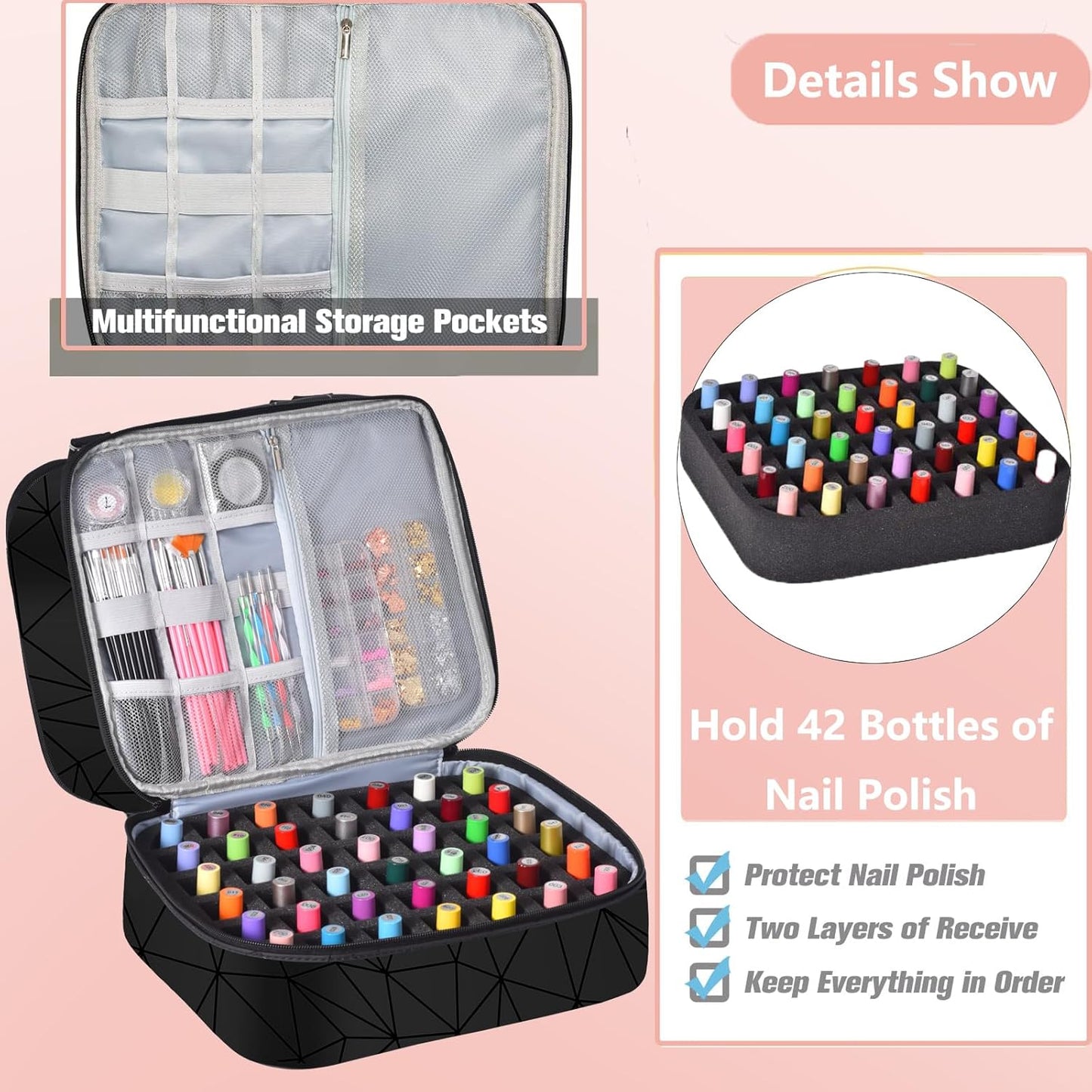 Nail Polish Organizer Bag with Travel Case for 30+ Bottles & Nail Lamp - Purple