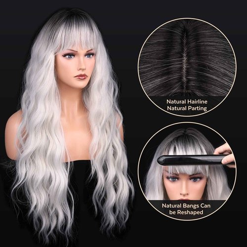 FAVE Ombre Grey Wig with Bangs Long Wavy Wigs for Women 28 Inches Middle Part Silver Wigs Gray White Synthetic Wig for Daily Party Use