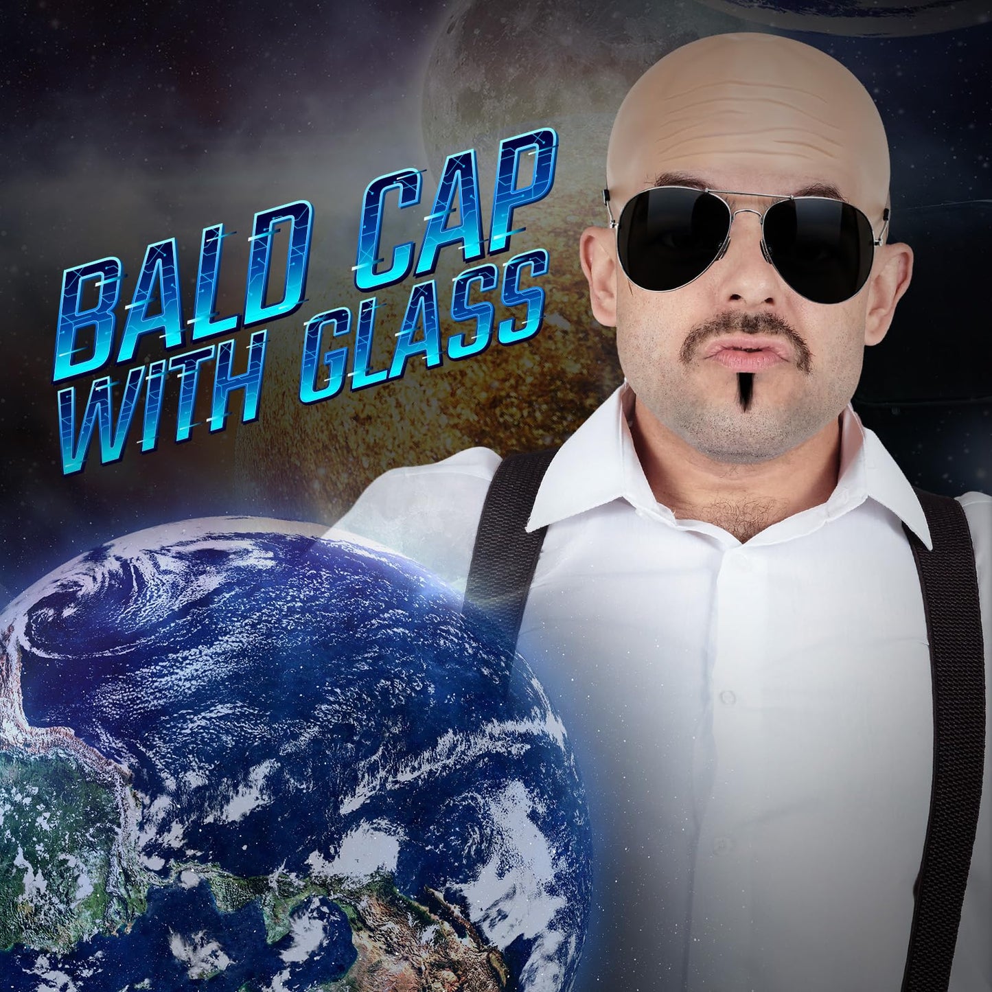 Mepase 1 Set Bald Caps with 1 Pair Glasses for Adults Men Nylon Bald Head Wig Cap Can Be Cut for Halloween Music Festivals Concerts Rap Star Party Cosplay(12.2 x 8.6 Inch)