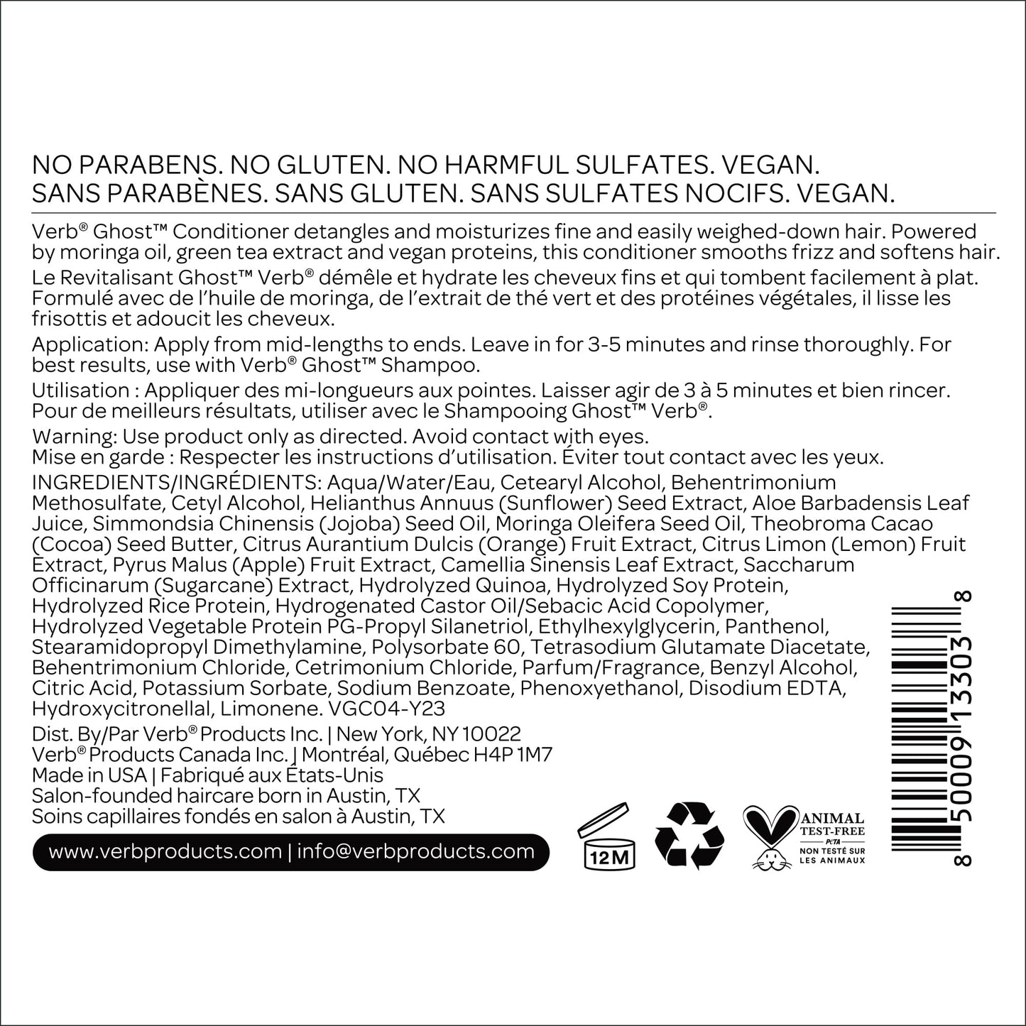 VERB Ghost Conditioner, 12 fl oz- Infused with Moringa Oil -Moisturizes Fine and Weighed Down Hair - Vegan, No Parabens or Harmful Sulfates