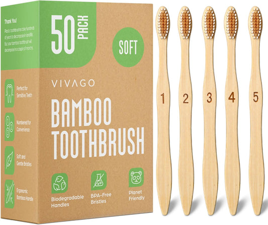 Bamboo Toothbrushes 30 Pack - Eco-Friendly, BPA-Free Soft Bristles, Natural Wooden Design