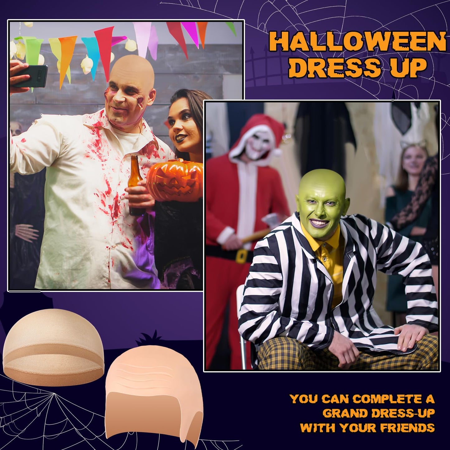 Wavwavw 2 Pcs Halloween Bald Cap Nylon Wig Caps Makeup Latex Head Caps for Women Men for Halloween Party Cosplay Theater(Wrinkle Skin,L)