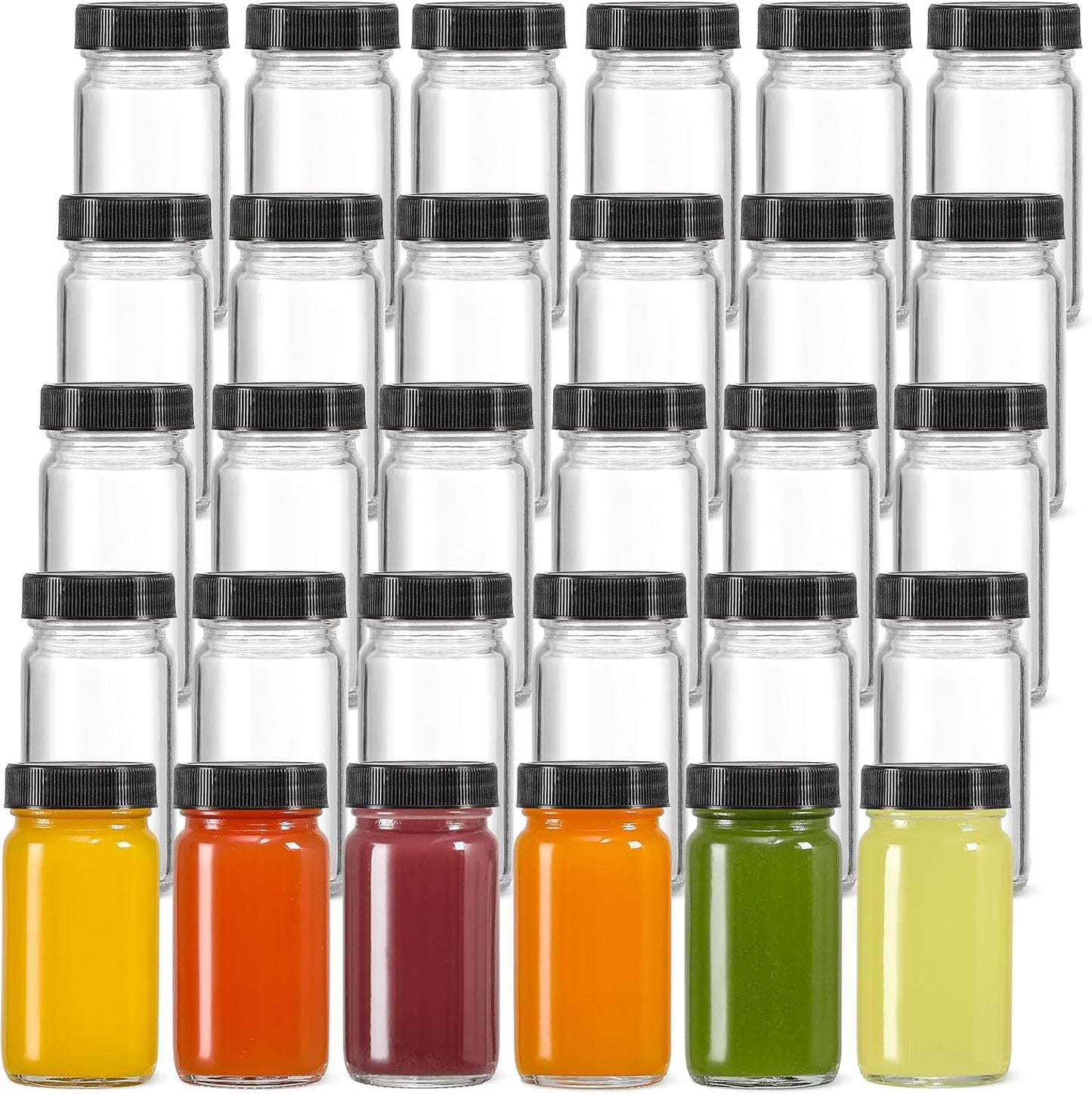 20 Pack Mini Glass Shot Bottles 2 oz with Lids & Labels - Leakproof Travel Jars for Juice, Whiskey, Wellness Shots
