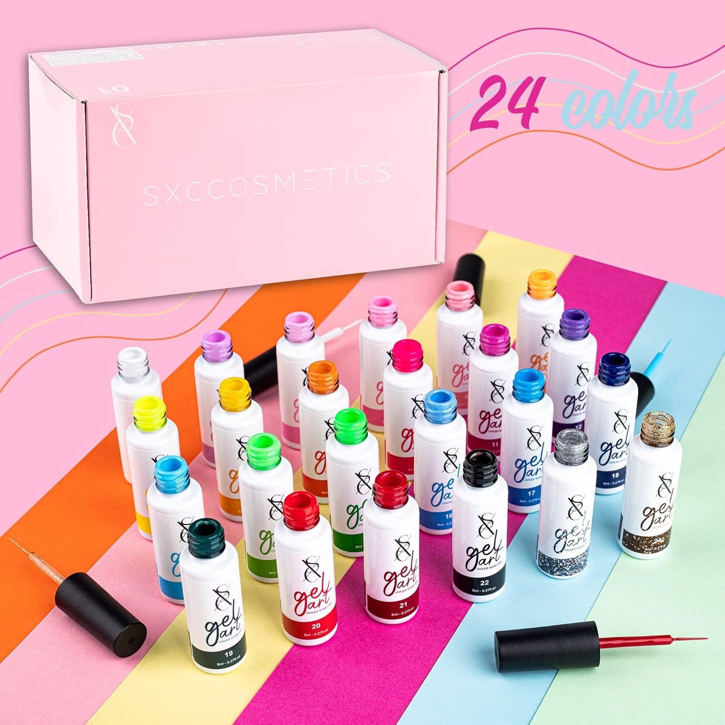 24-Color Gel Liner Set for Nail Art - SXC Cosmetics with Thin Brush for Swirl Designs