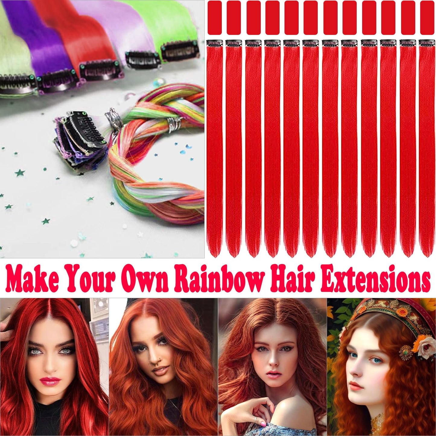 Olldag 12 PCS Red Hair Extensions Clip in, 22 Inch Colored Hair Extensions Party Highlights Long Straight Synthetic Hairpieces for Women Kids Girls Cosplay