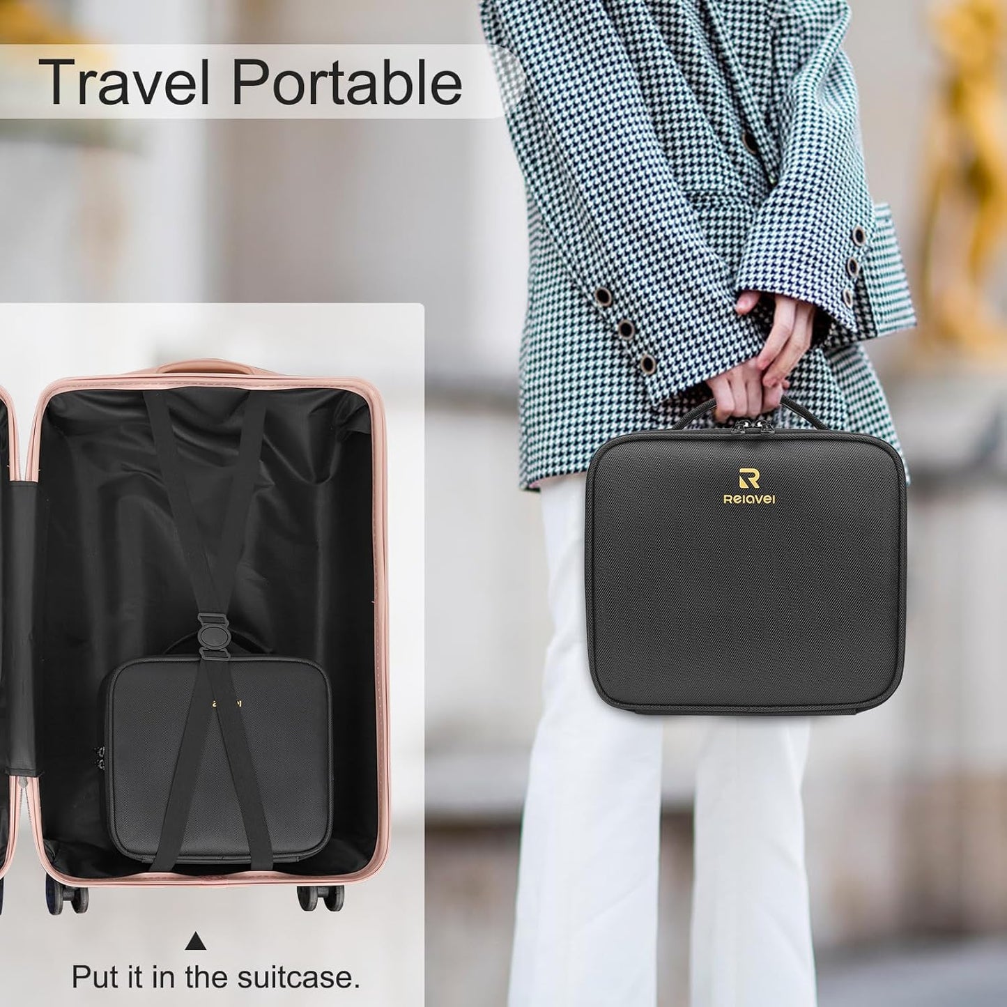 Relavel Portable Travel Makeup Case Organizer with Adjustable Dividers - Black Cosmetic Storage for Brushes, Toiletries & Jewelry