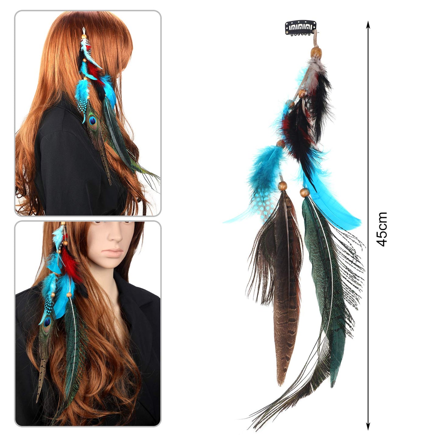 MWOOT 2Pcs Feather Hair Clip-in Extensions for Women Halloween Cosplay Costume Carnival Party Headdress, Handmade Bohemian Hippie Hair Clip Comb, Mixed Peacock Pheasant Tails Feather Clips Black Brown