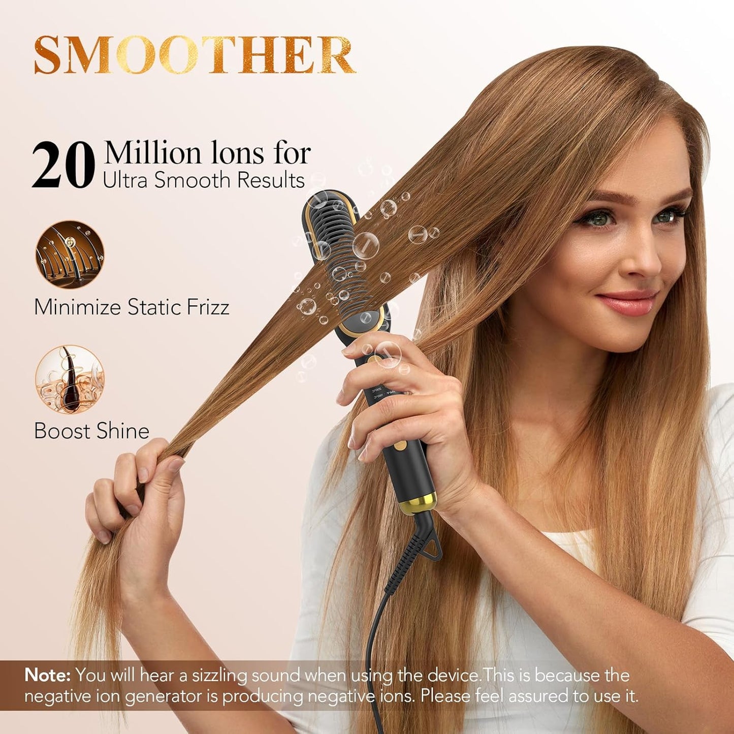 Hair Straightener Brush for Women - 200 Million Ions, 5 Temp Settings, Fast Heating, Auto Shut-Off, Anti-Scald - Quick Home Styling