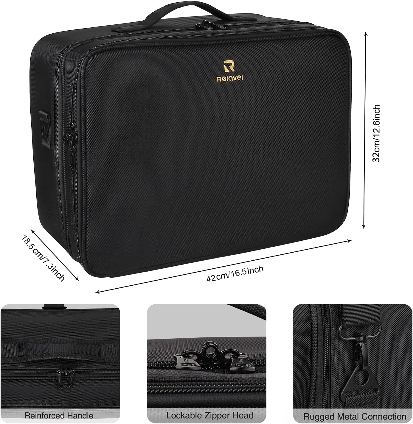 Relavel Portable Travel Makeup Case Organizer with Adjustable Dividers - Black Cosmetic Storage for Brushes, Toiletries & Jewelry