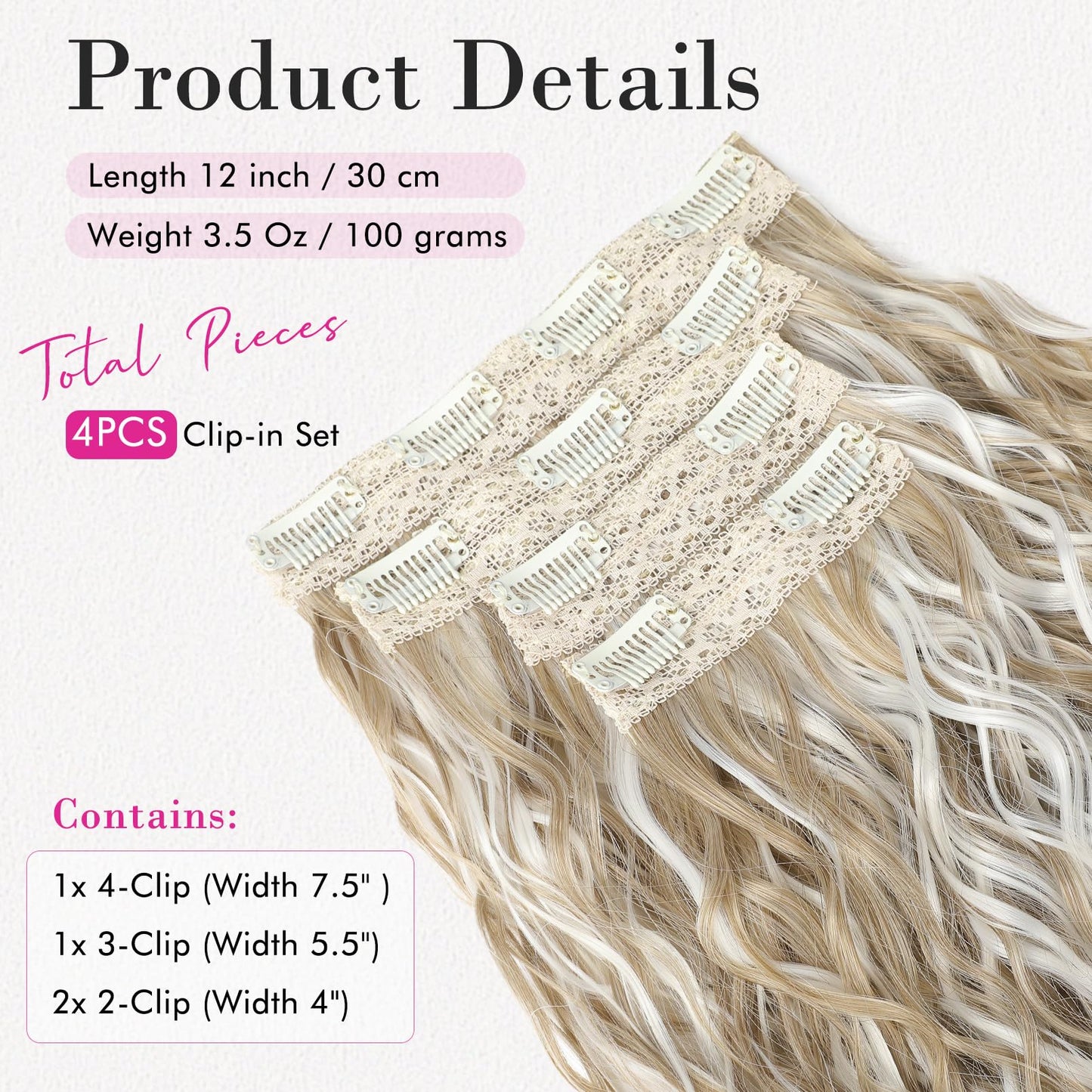 REECHO Clip in Hair Extensions, 4PCS Hair Extensions 12" Short Curly Wavy Blonde hair extensions Invisible Lace Weft Natural Soft Hairpieces for Women – Ash Blonde with Highlights