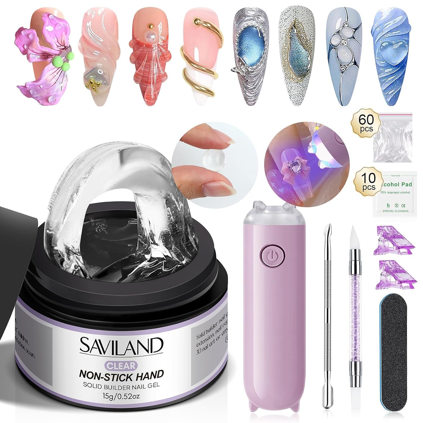 Builder Nail Gel Kit - 4 Colors (Clear, Nude, White, Pink) for Nail Extensions & 3D Sculpting - Long-Lasting Non-Sticky Hard Gel with Chrome Powder