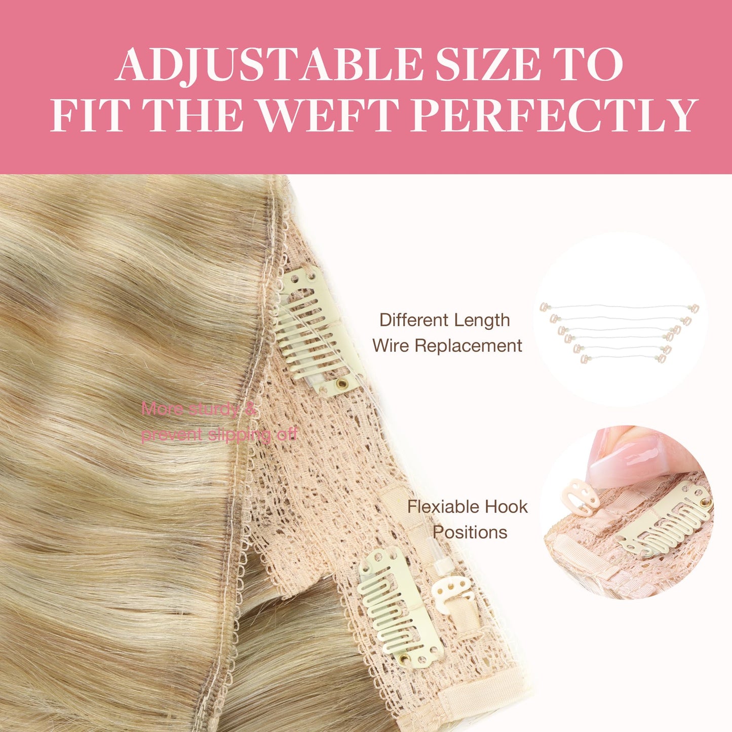 GOO GOO Wire Hair Extensions Human Hair, 16/22 Light Blondewith mix Golden Blonde Highlighted 14inch 75g, Invisible Wire Hair Extensions with Transparent, Seamless Fish Line Hairpiece