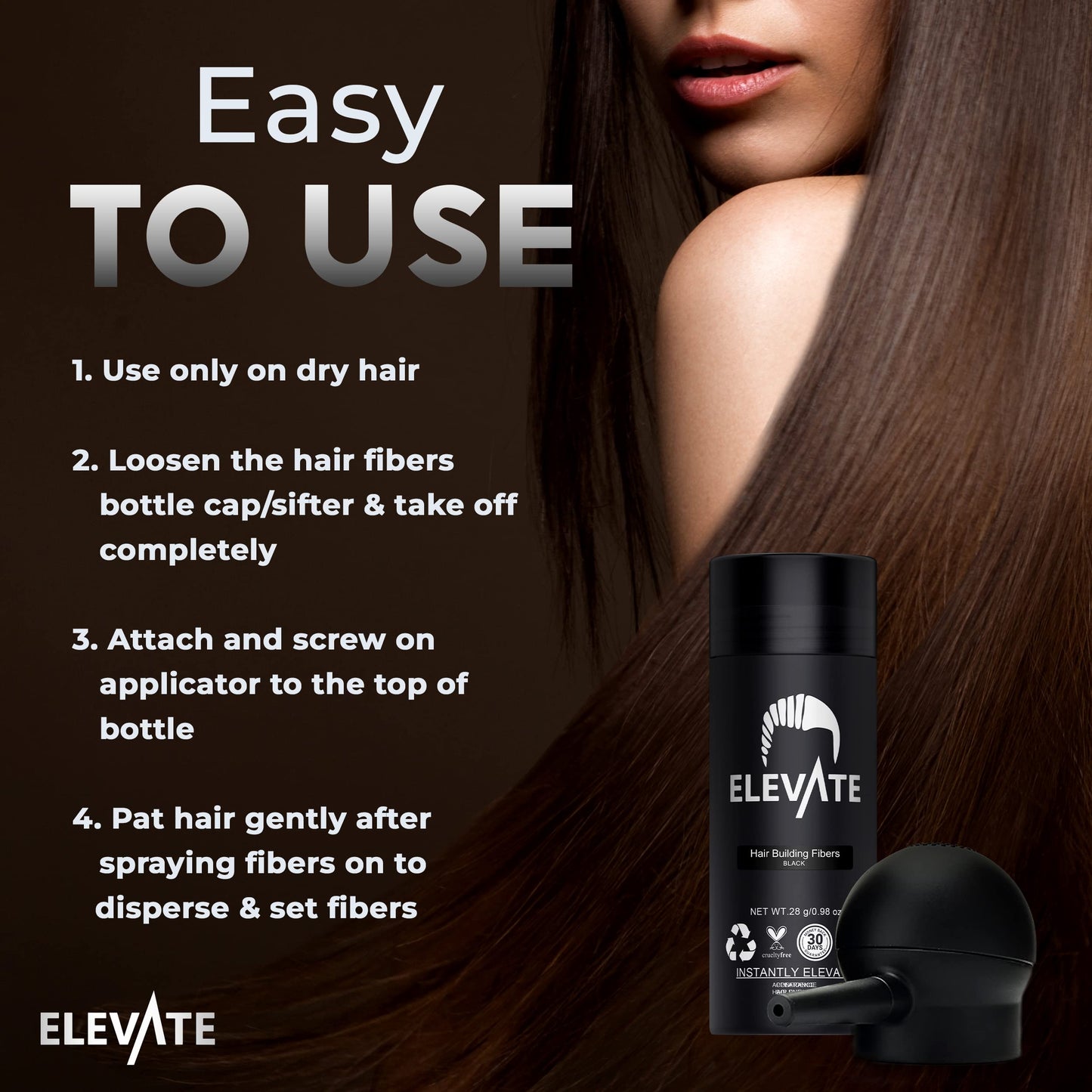 ELEVATE Hair Perfecting 2-in-1 Kit | Set Includes Natural Hair Thickening Fibers & Spray Applicator Pump Nozzle | Instantly Conceal & Thicken Thinning Balding Areas in Seconds Men & Women (Black)