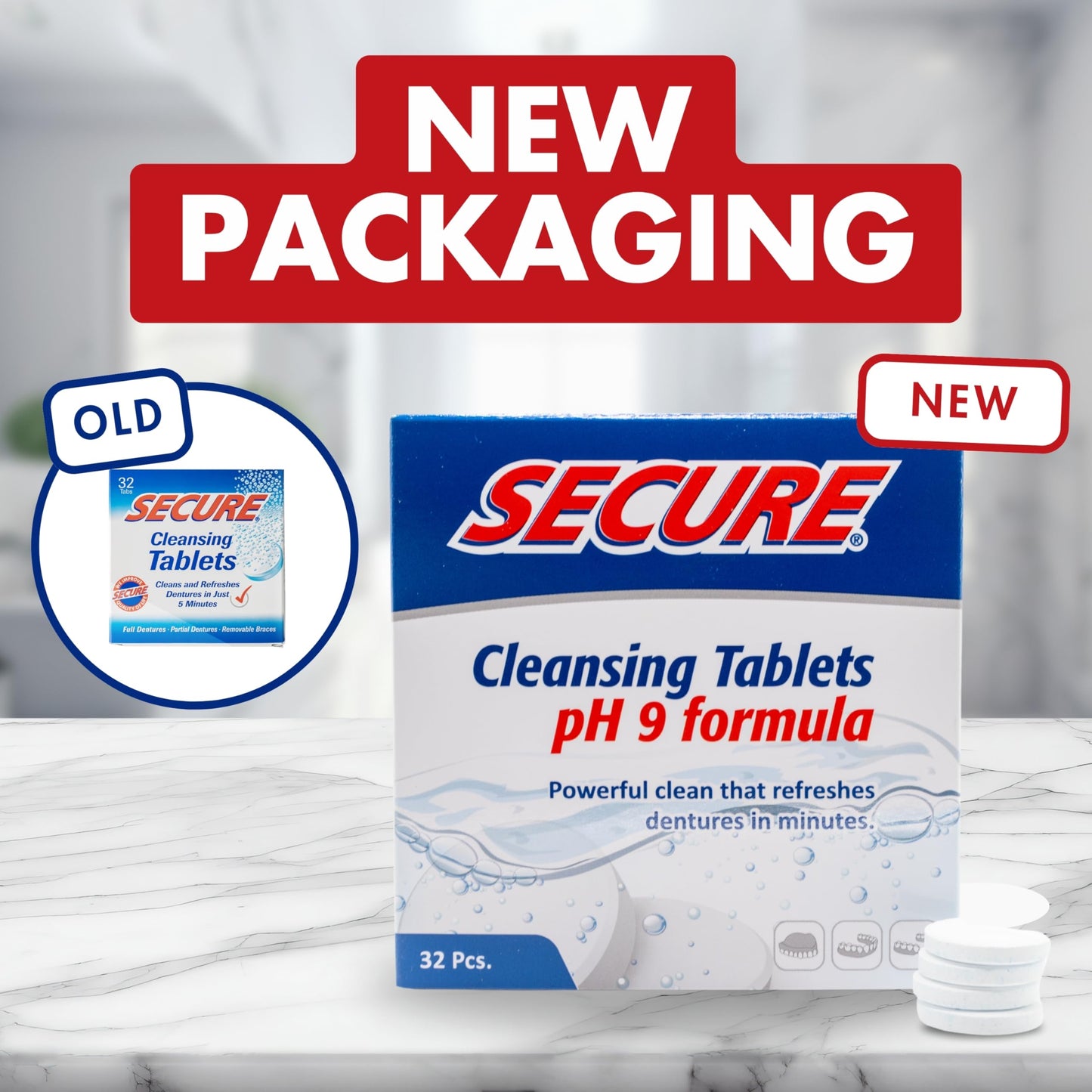 Secure Daily Cleansing Tablets - pH 9 Formula Thoroughly Cleans Dentures - FSA & HSA Approved - Fights Odors, Stains & Germs - For Dentures, Nightguards, Retainers & Partials - 32 Tablets (1 Pack)