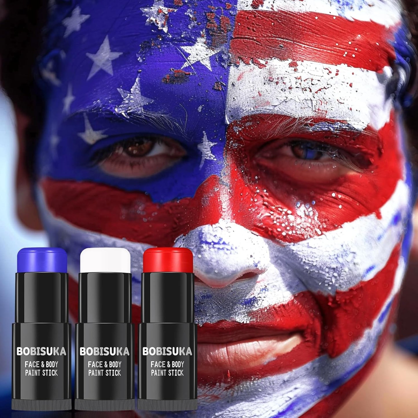 Red White Blue Face Paint Stick Kit - Eye Black for Football, Baseball & Halloween