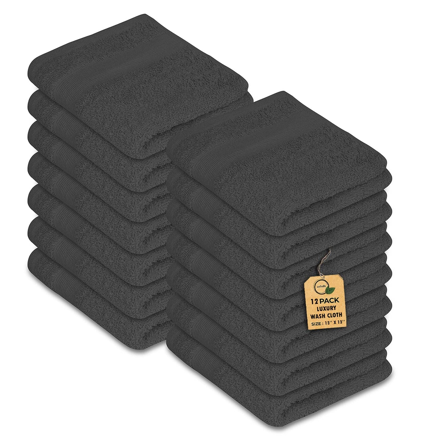 Premium Wash Cloths Pack of 12 (13" x 13") 100% Ring Spun Cotton | Luxury Washcloths | Ultra Soft Face Towels | Highly Absorbent Wash Cloths for face (Grey)