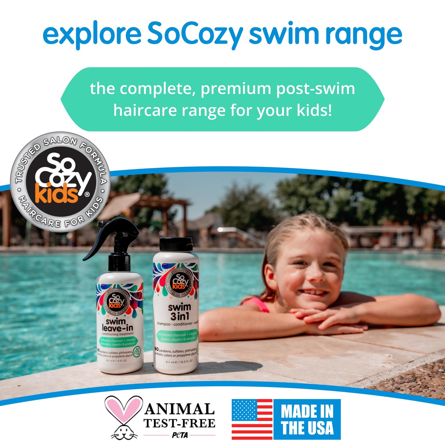 SoCozy Kids Swim 3-in-1 Shampoo, Conditioner & Body Wash - 3-in-1 Combo Pool Shampoo & Conditioner for Swimmers - Salt & Chlorine Removing Activated Charcoal