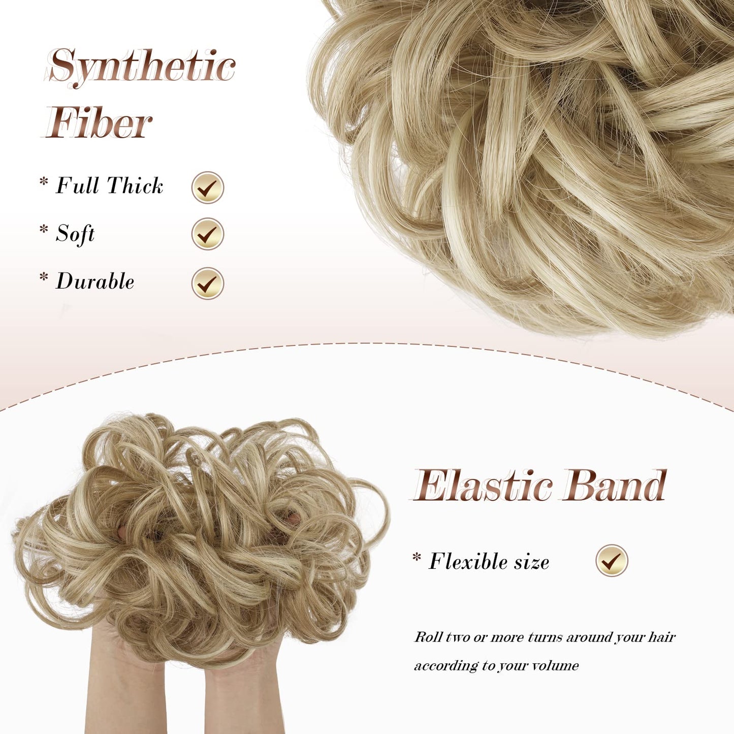 FESHFEN Messy Bun Hair Pieces - Large Wavy Curly Elastic Hair Bun Scrunchies Ponytail Extensions Synthetic Chignon Hairpieces for Women, Dirty Blonde 1.94oz
