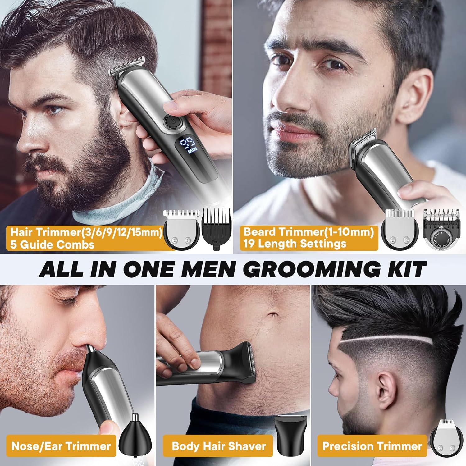 Beard Trimmer for Men - Cordless Waterproof Grooming Kit with LED Display