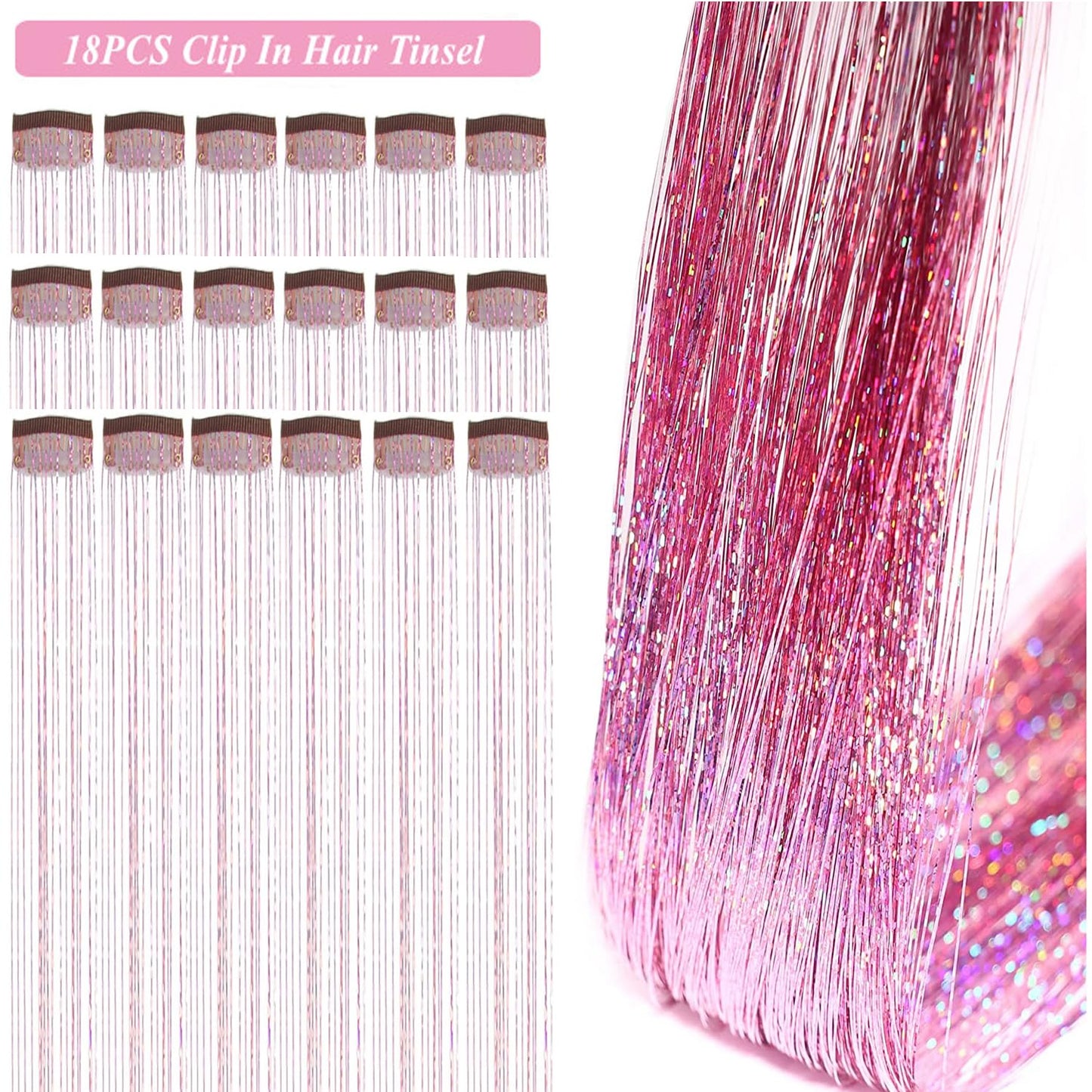 ZYXQZYX Hair Tinsel Kit Pack of 18 Pcs Hair Tinsel Clip in 19.6Inch Glitter Tinsel Hair Extensions Heat Resistant Clip in Hair Tinsel Sparkle Fairy Hair Accessories for Kids Girls Women (Pink)