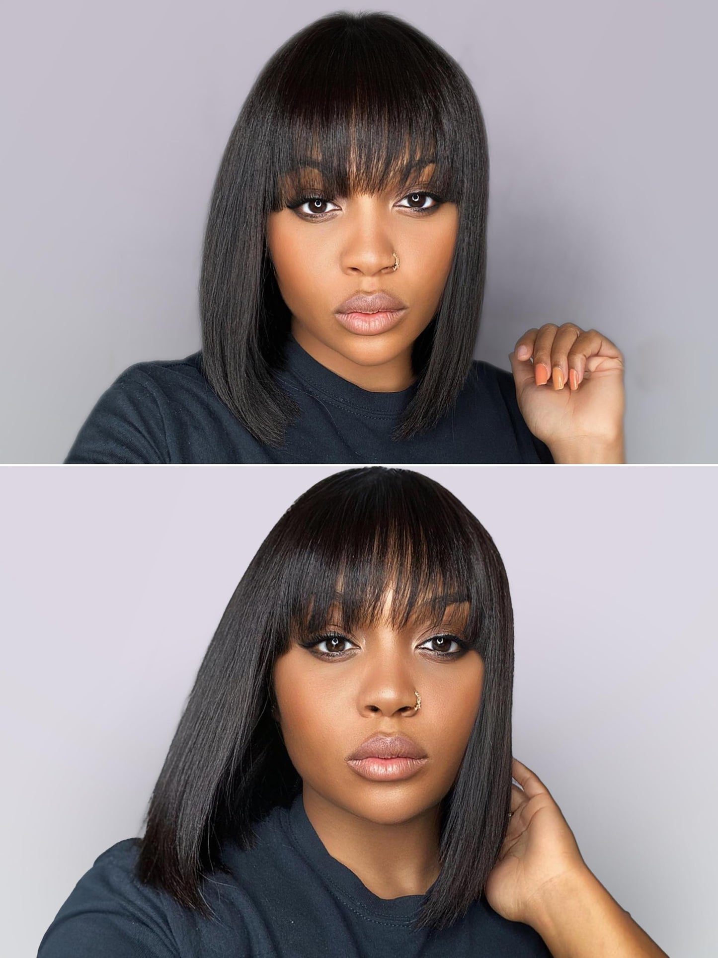LUVME HAIR 10 Inch Light Yaki Straight Bob Wig with Bangs Human Hair Realistic HD Lace Short Black Bob Wigs, Ready to Go Blunt Cut Bob Wig Glueless 180 Density
