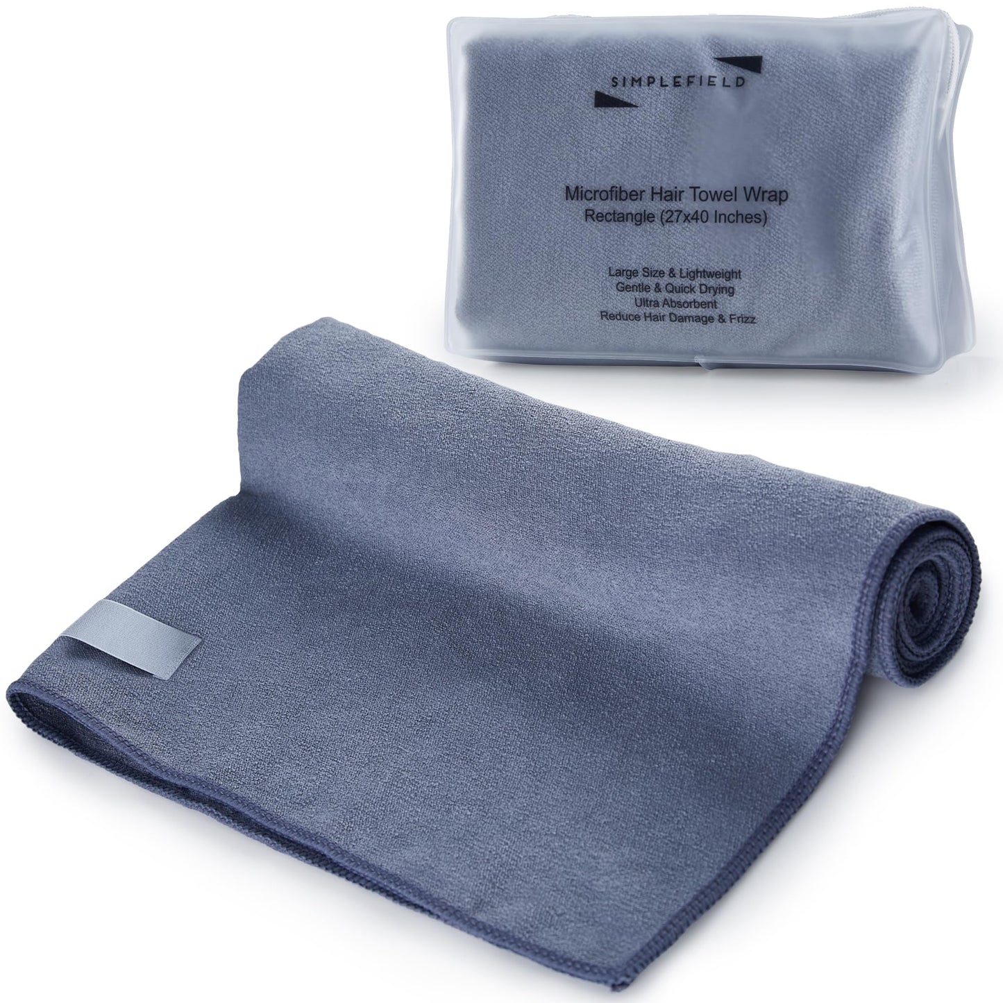 SimpleField Large Microfiber Hair Towel Wrap for Women (27x40 Inches). Anti Frizz Rectangle Drying Towel with Elastic Band for Long, Curly, and Thick Hair. Includes Reusable Carry Bag (Grey)