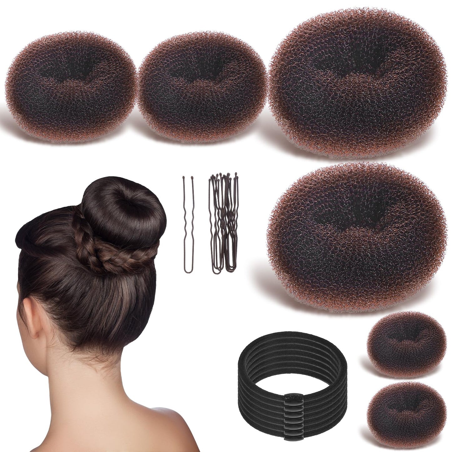 24pcs Donut Buns For Hair Bun Maker For Kids And Women 3 Sizes Hair Donuts For Buns Elastic Hairs Ties And Hairs Pins Kit For Ballet Bridal Accessories For Girls Updo Tools Brown