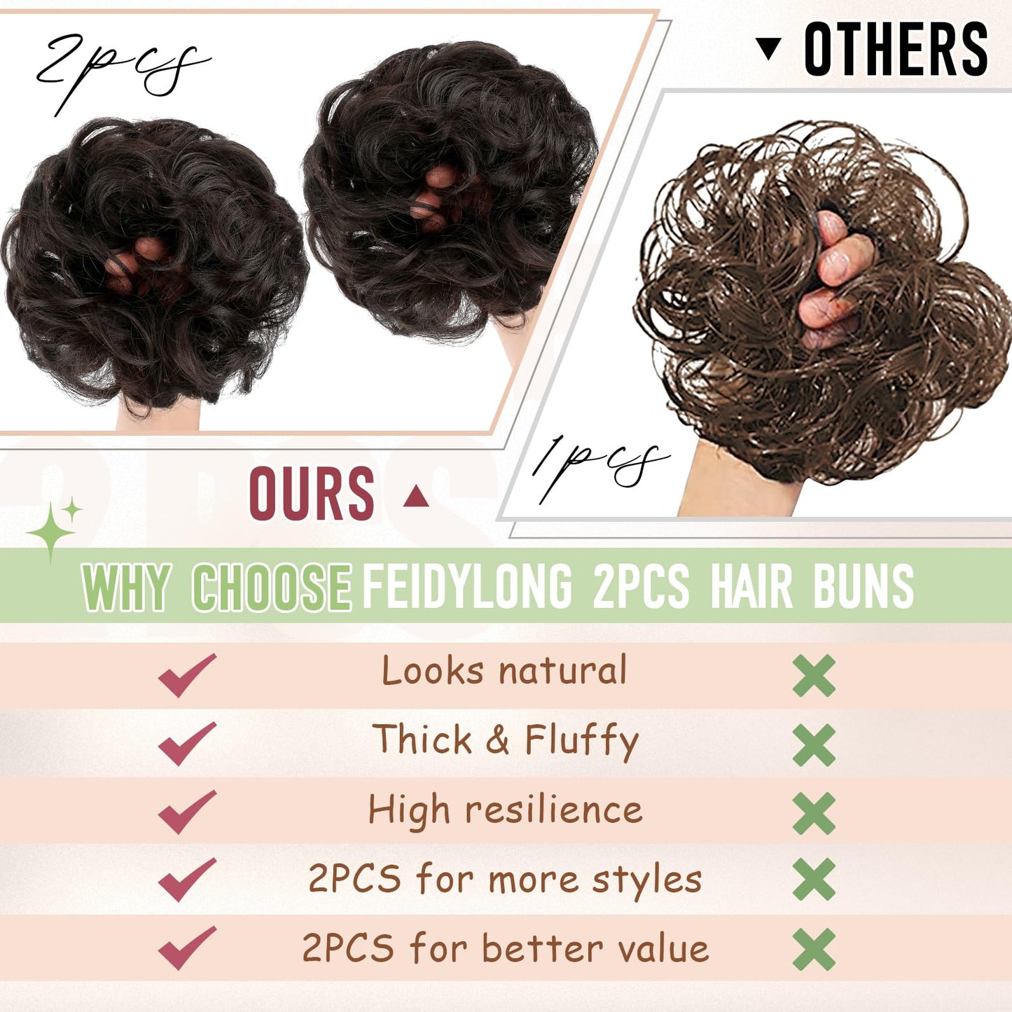 FeidyLong 2 PCS Messy Bun Hair Piece Wavy Curly Hair Bun Scrunchies Extensions Synthetic Chignon Thick Updo Hairpieces for Women Girls(Dark Brown)