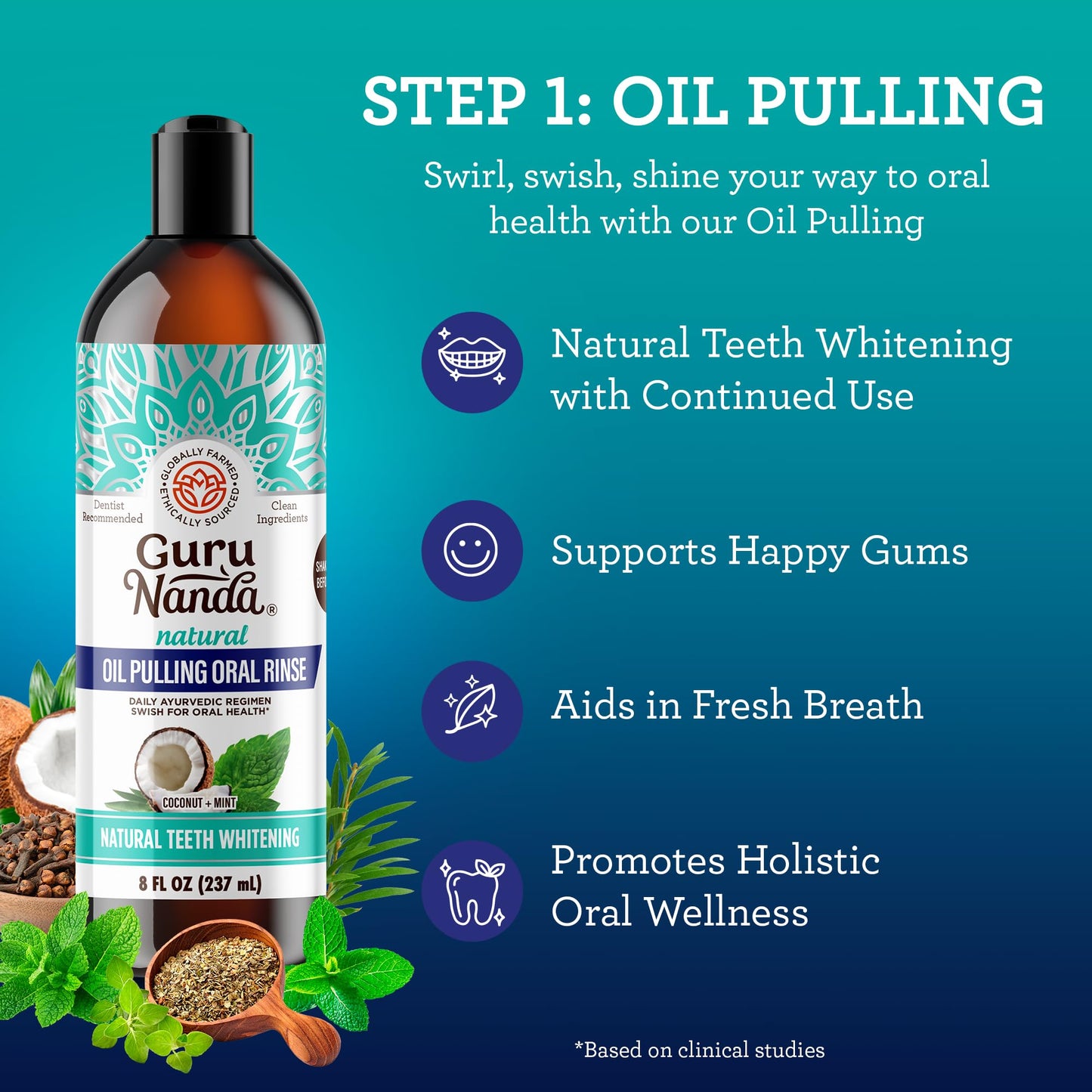 GuruNanda 7-Step Regimen 1.0 - Oil Pulling, Toothbrush, Tongue Scraper, Floss, Water Flosser, Mouthwash, Whitening Strips for Complete Oral Care (Pack of 8)