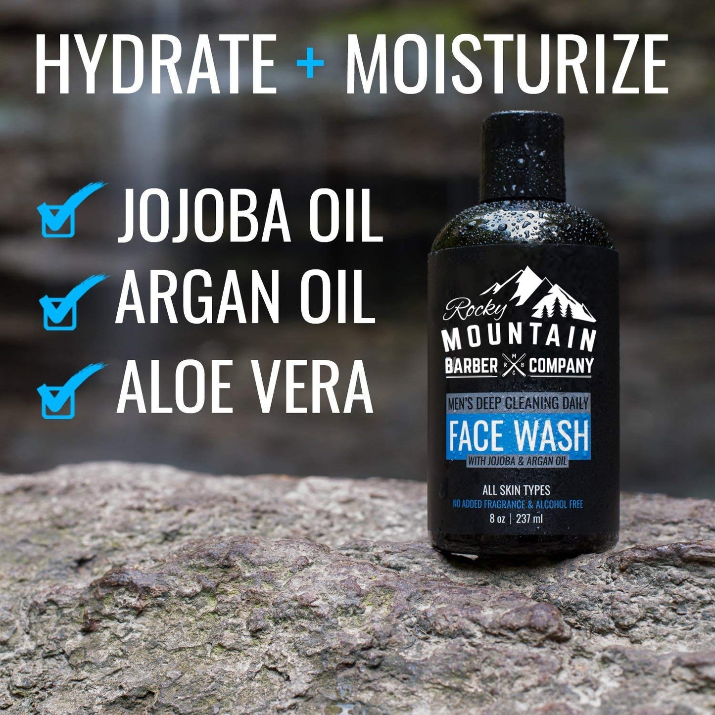 Rocky Mountain Barber Company Men's Daily Face Wash - With Jojoba Oil, Argan Oil, Chamomile Floral Water and Aloe Vera – Unscented - 8 oz