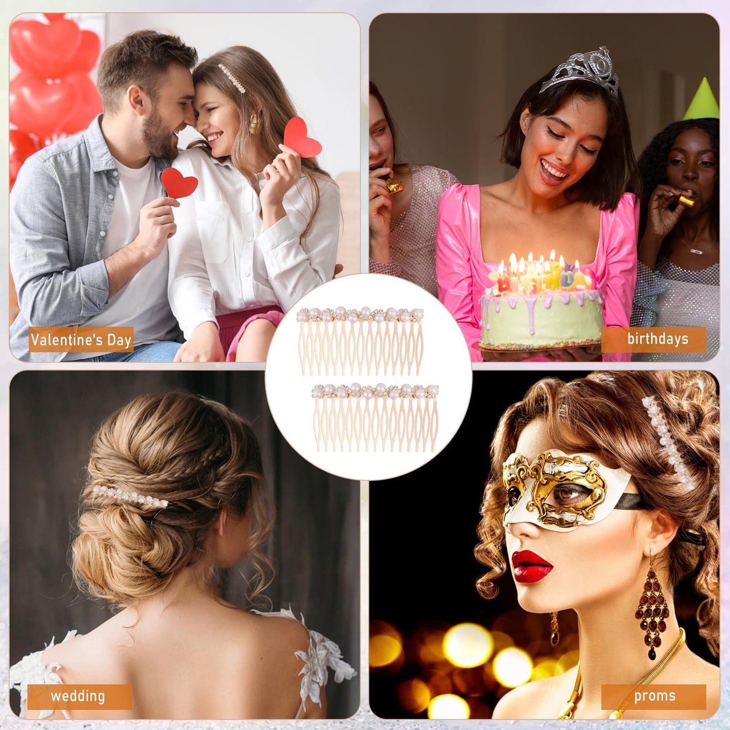 Mozeat Lens Pearl Decorative Hair Comb, 2 Pieces, Alloy, White, for Women Bridal Accessories