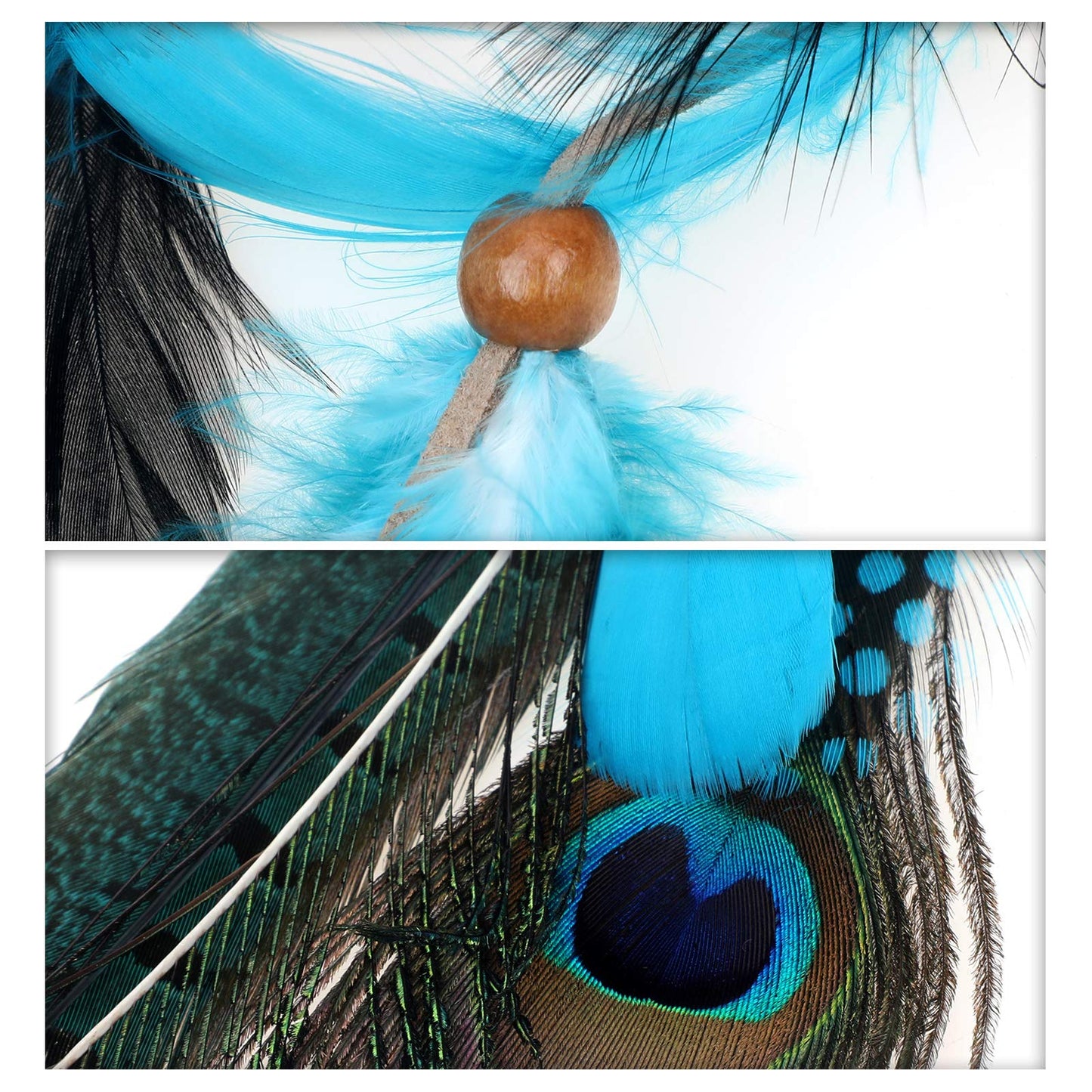 MWOOT 2Pcs Feather Hair Clip-in Extensions for Women Halloween Cosplay Costume Carnival Party Headdress, Handmade Bohemian Hippie Hair Clip Comb, Mixed Peacock Pheasant Tails Feather Clips Black Brown