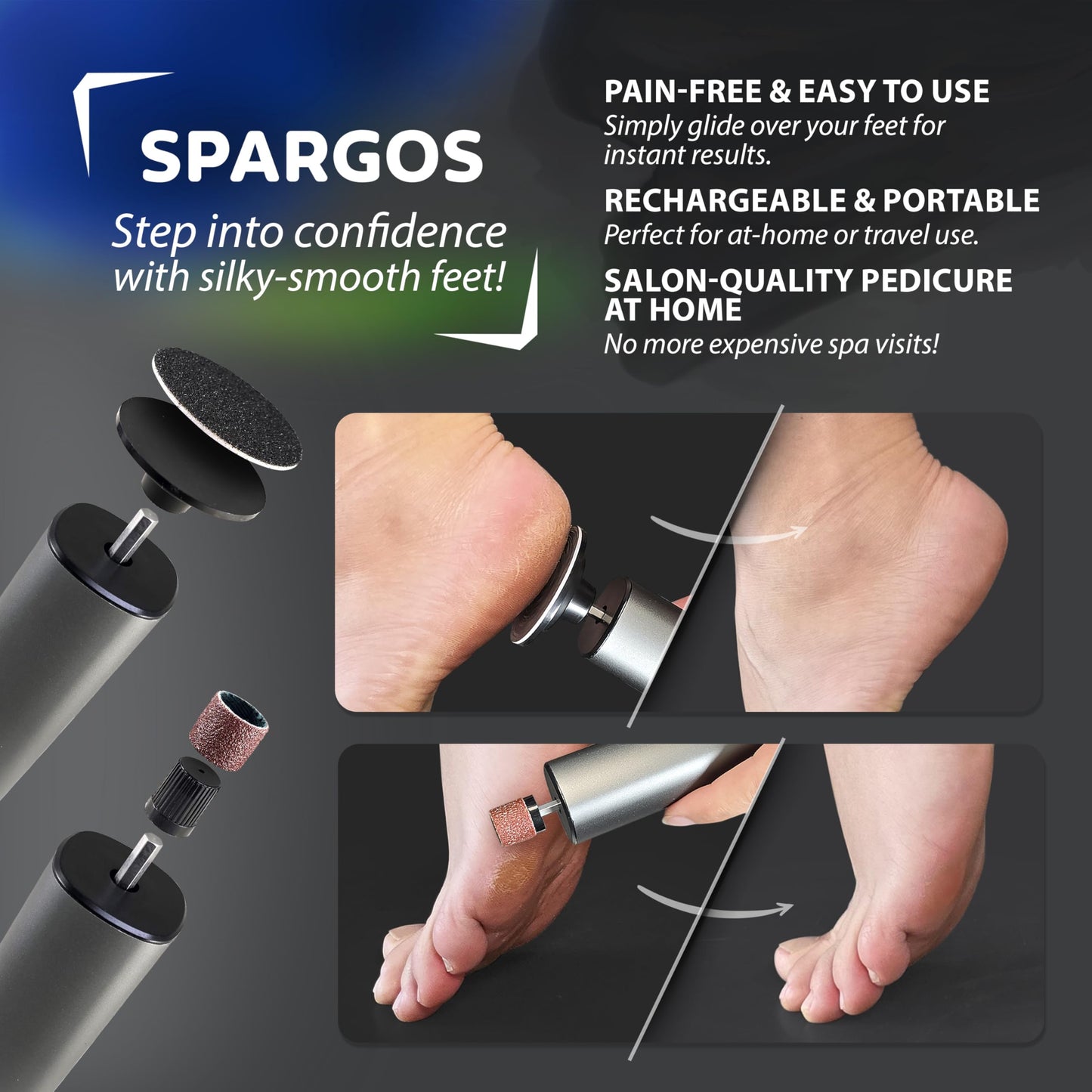 Spargos Electric Foot Callus Remover Rechargeable - Black Electric Foot Filer with 9 Speed Settings, Type-C Charging, and 60 Sanding Discs for Smooth Skin - Callus Remover for Feet