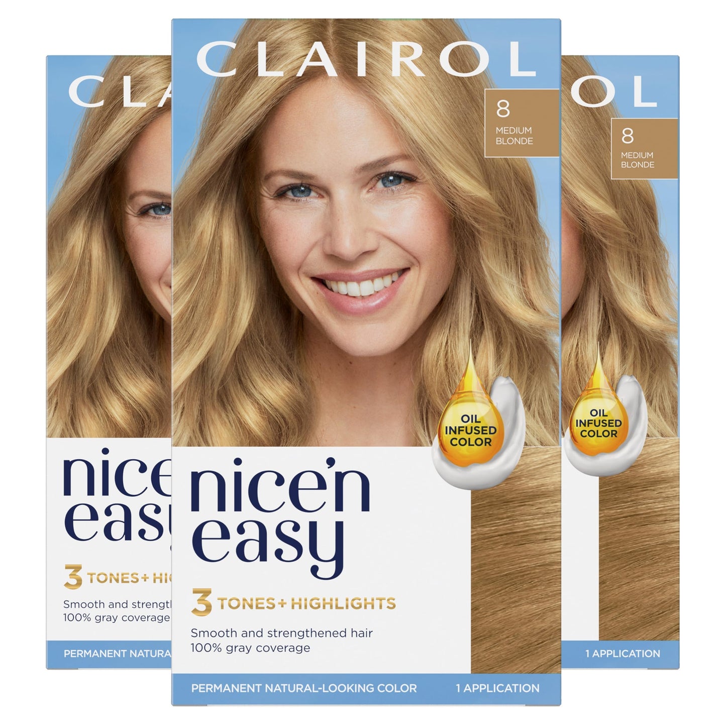 Clairol Nice'n Easy Permanent Hair Dye, 8 Medium Blonde Hair Color, Pack of 3