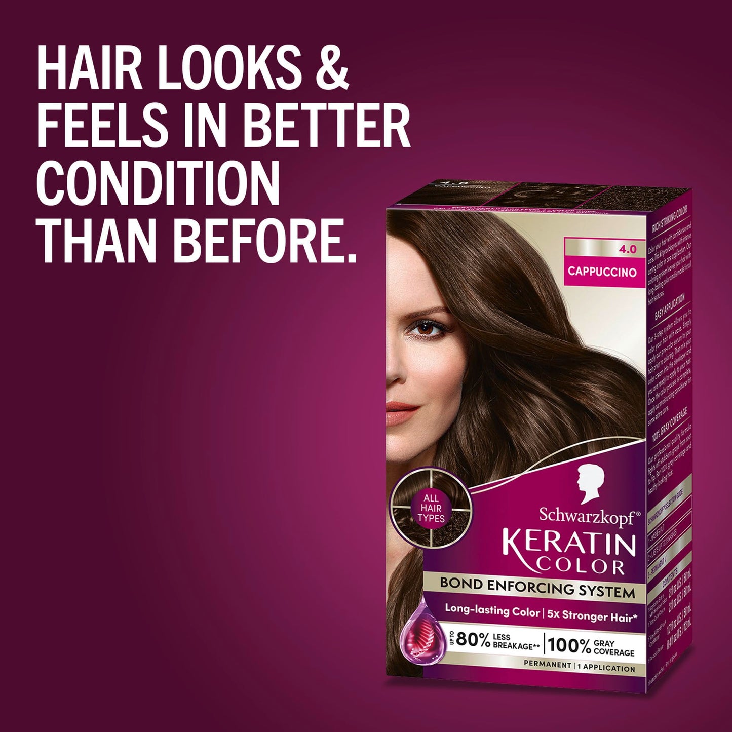 Schwarzkopf Keratin Color Permanent Hair Color, 4.0 Cappuccino, 1 Application - Professionally Inspired Permanent Hair Dye, for up to 80% Less Breakage vs Untreated Hair and up to 100% Gray Coverage