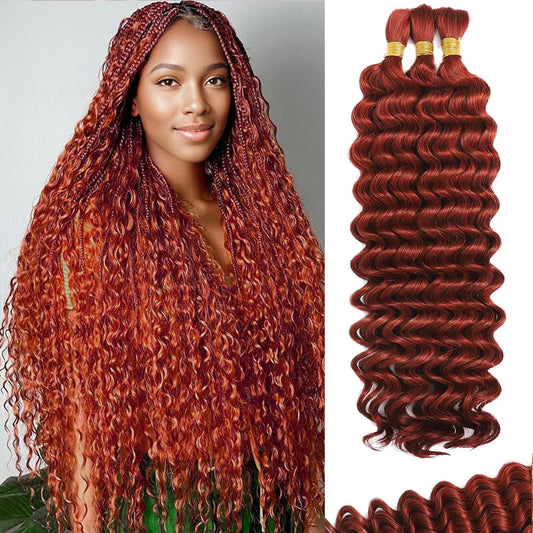 Bizvus Human Braiding Hair for Boho Braids 110g Deep Wave Boho Bulk Human Hair for Braiding Knotless 12A Wet and Wavy Bulk Bohemian Curly 3 Bundles/Pack #350 Copper Color 16inch