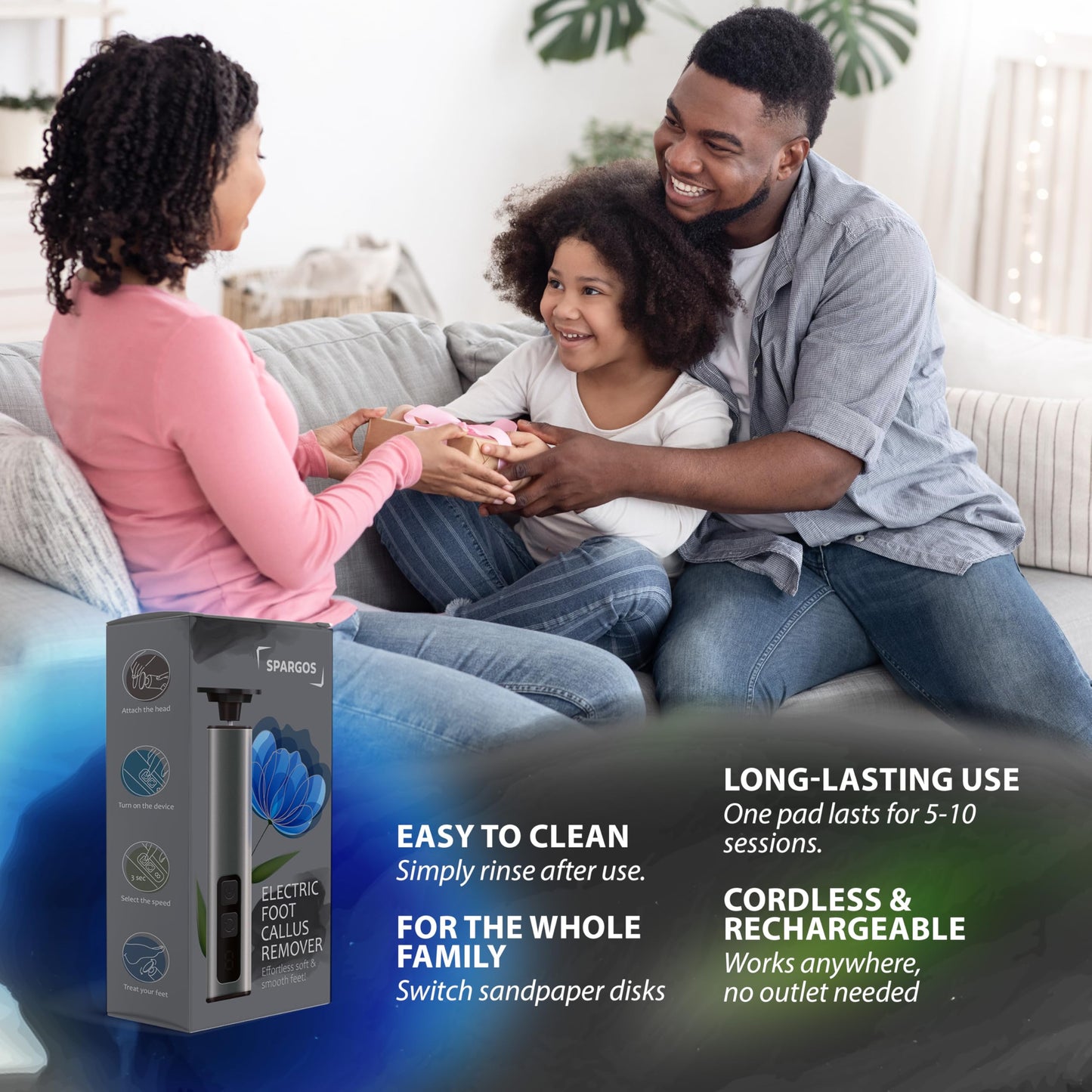 Spargos Electric Foot Callus Remover Rechargeable - Black Electric Foot Filer with 9 Speed Settings, Type-C Charging, and 60 Sanding Discs for Smooth Skin - Callus Remover for Feet