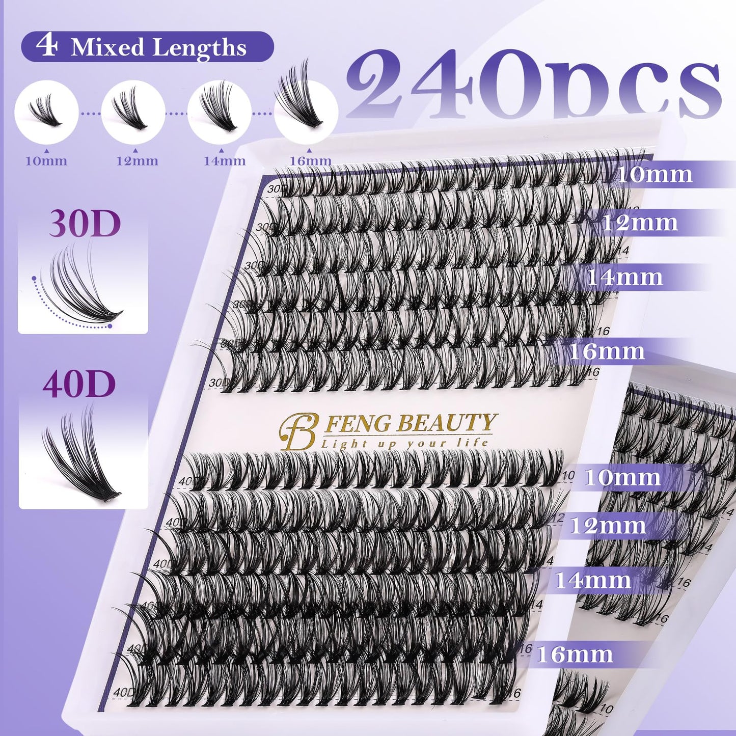 FENG BEAUTY Lash Clusters Kit – 240pcs Wispy Eyelash Clusters with Tweezer, Bond & Seal, 30D/40D, 10–16mm Fluffy Individual Lashes, Natural Look, Waterproof DIY Cluster Lash Extensions for Daily Wear