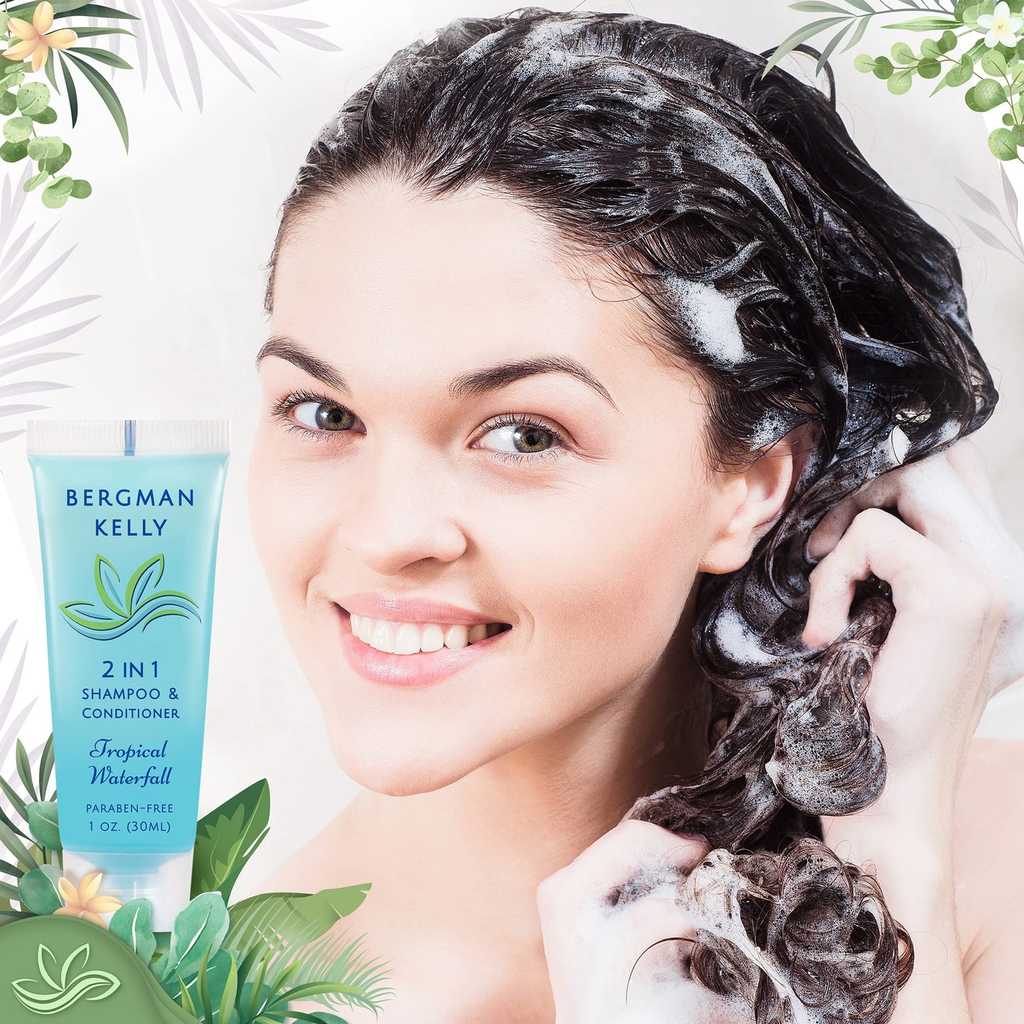 Bergman Kelly - Travel Size 2 in 1 Shampoo & Conditioner - 1 fl oz, 100 PK, Tropical Waterfall - Delight Your Guests w/Invigorating & Refreshing Shampoo Amenities - Small Hotel Toiletries in Bulk