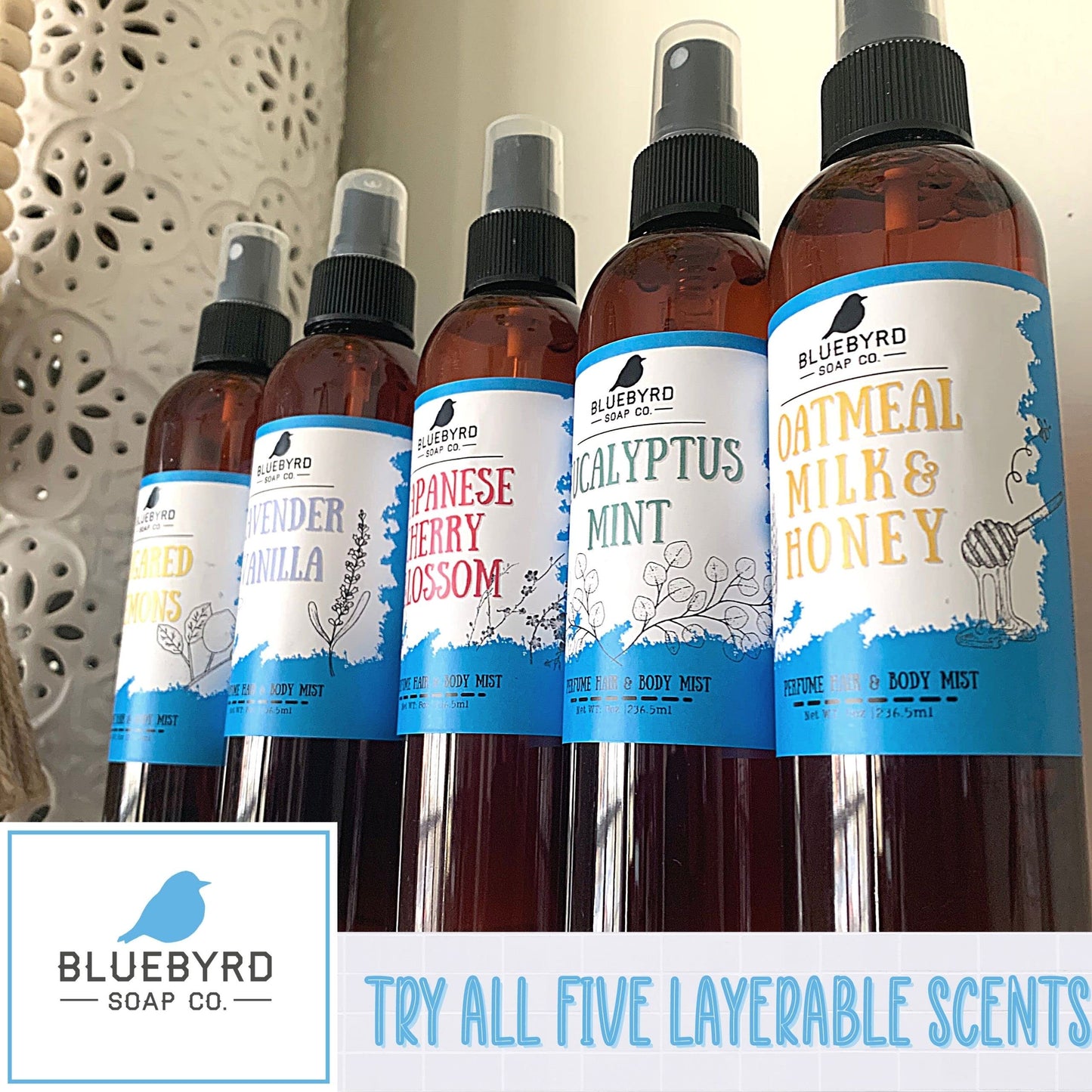 Bluebyrd Soap Co. Eucalyptus Mint Fragrance Hair Perfume and Body Mist | Weightless Relaxing Scented Hair Mist | Alcohol Free - No Parabens, Sulfates, Silicones (Mint)