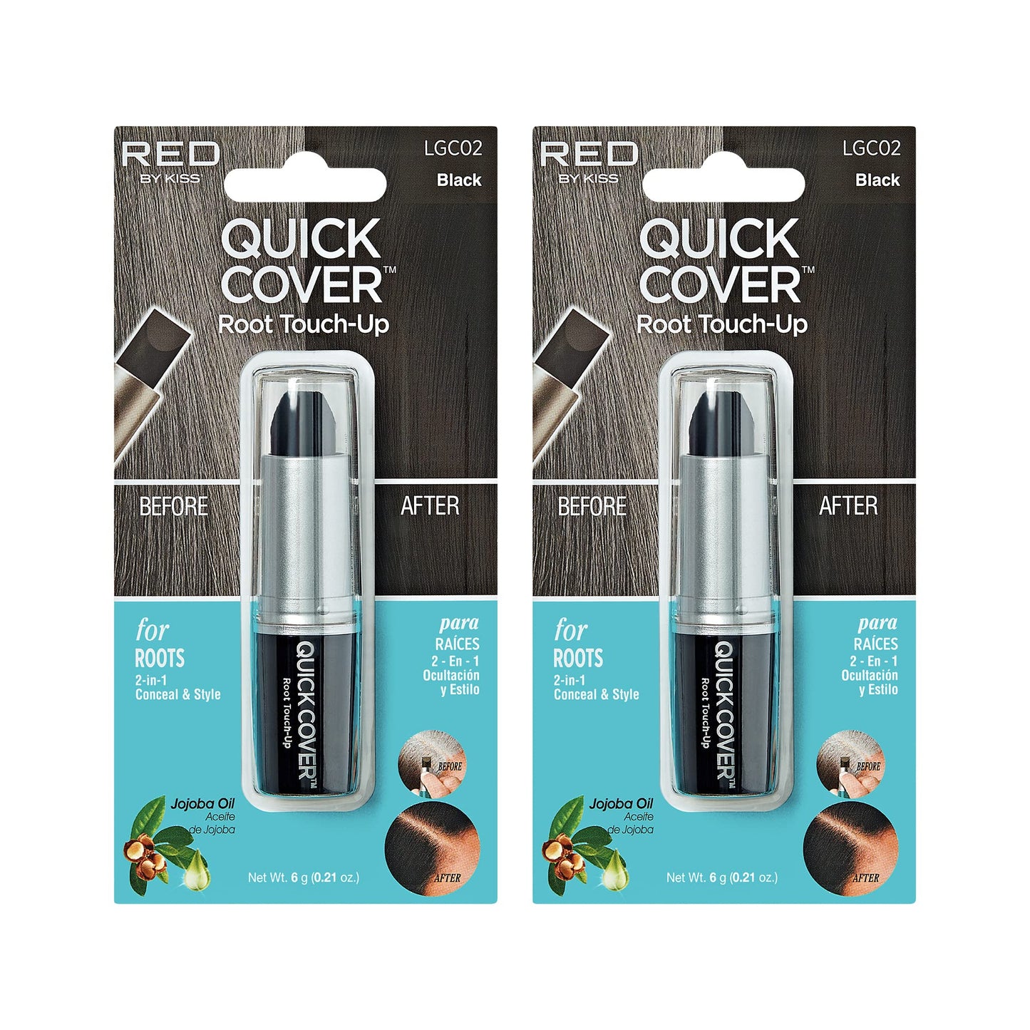 RED by Kiss Quick Cover Root Touch Up Stick, Water-Resistant Temporary Gray Hair Concealer with Brush for Roots and Beard, Long-Lasting Coverage, Easy Application (2 Pack, Black)