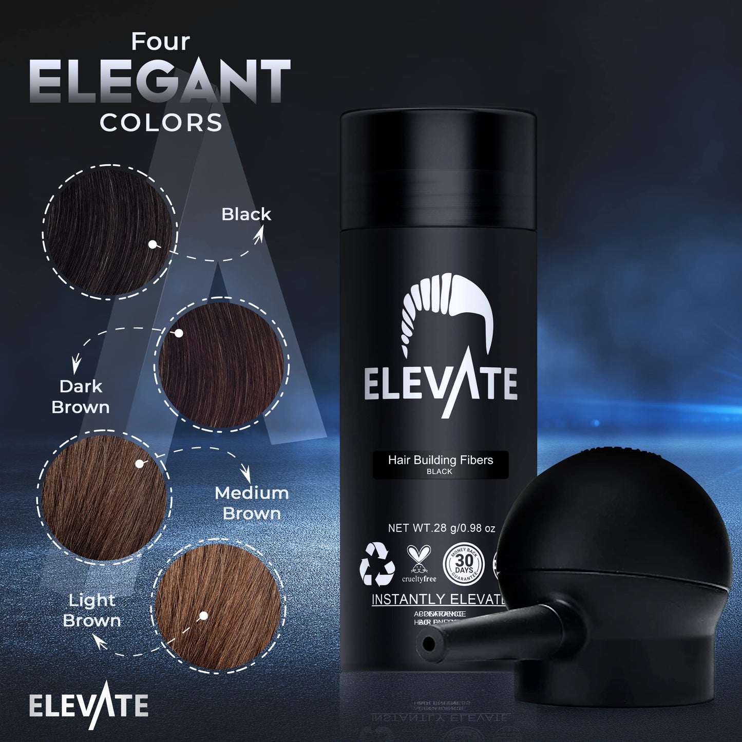 ELEVATE Hair Perfecting 2-in-1 Kit | Set Includes Natural Hair Thickening Fibers & Spray Applicator Pump Nozzle | Instantly Conceal & Thicken Thinning Balding Areas in Seconds Men & Women (Black)